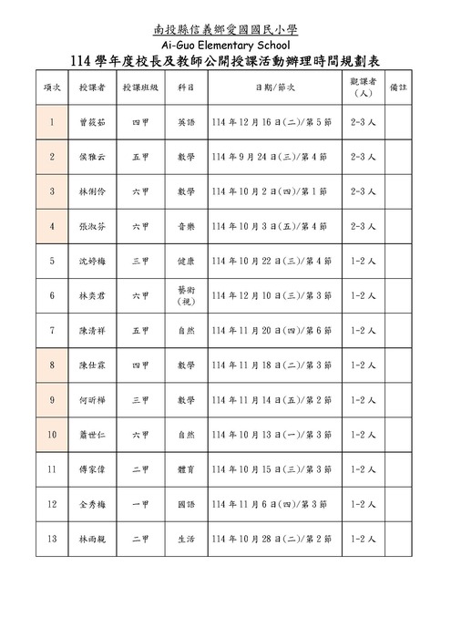 114學年度校長及教師公開授課活動辦理時間規劃圖片